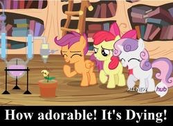 Size: 1176x856 | Tagged: safe, screencap, apple bloom, scootaloo, sweetie belle, g4, twilight time, cutie mark crusaders, drama seedling, hub logo, what has magic done, what has science done