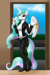 Size: 848x1280 | Tagged: safe, artist:darkravenofchaos, princess celestia, anthro, g4, biker, clothes, female, jacket, leather, leather jacket, solo