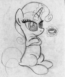 Size: 824x970 | Tagged: safe, artist:drawponies, rarity, pony, unicorn, g4, drawing, female, monochrome, solo, tea, teacup, unamused