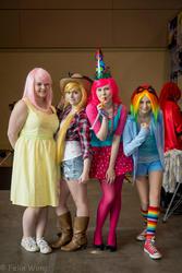 Size: 1365x2048 | Tagged: safe, applejack, fluttershy, pinkie pie, rainbow dash, human, g4, cosplay, irl, irl human, photo