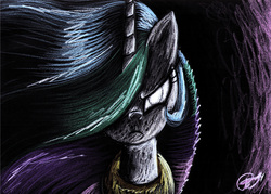 Size: 3437x2457 | Tagged: safe, artist:faye-raven, princess celestia, g4, female, frown, glare, hair over one eye, looking at you, portrait, solo, traditional art