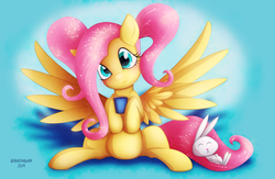 Size: 3200x2083 | Tagged: safe, artist:shaadorian, angel bunny, fluttershy, pegasus, pony, g4, alternate hairstyle, cup, cute, eyes closed, female, hoof hold, looking at you, mare, pigtails, shyabetes, sitting, sleeping, smiling, spread wings