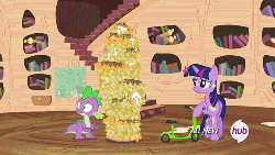 Size: 500x283 | Tagged: safe, edit, edited screencap, screencap, spike, twilight sparkle, alicorn, pony, g4, twilight time, all new, angry, animated, caption, female, food, hub logo, mare, nachos, oh come on, pile, text, twilight sparkle (alicorn), working