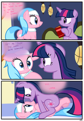 Size: 1741x2500 | Tagged: safe, artist:pyruvate, aloe, twilight sparkle, comic:the usual, g4, comic, eye contact, floppy ears, on back, sitting, smiling