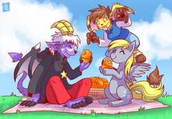 Size: 1000x691 | Tagged: safe, artist:chu, derpy hooves, pegasus, pony, g4, buwaro elexion, crossover, eating, female, mare, muffin, picnic, rhea snaketail, slightly damned, trio
