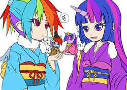 Size: 2546x1800 | Tagged: safe, artist:skyshek, rainbow dash, twilight sparkle, human, g4, female, humanized, kimono (clothing), lesbian, ship:twidash, shipping