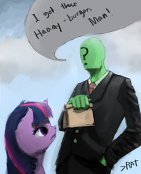 Size: 884x1090 | Tagged: safe, artist:sergiole, twilight sparkle, oc, oc:anon, alicorn, human, pony, g4, don't be a menace, duo, hay burger, paper bag, twilight burgkle