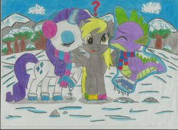 Size: 1024x745 | Tagged: safe, artist:ironloiz, derpy hooves, rarity, spike, pegasus, pony, g4, cheek kiss, female, kiss sandwich, kissing, male, mare, shipping, snow, straight, traditional art