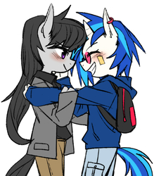 Size: 530x605 | Tagged: safe, artist:re_ghotion, dj pon-3, octavia melody, vinyl scratch, anthro, g4, blushing, clothes, female, lesbian, ship:scratchtavia, shipping, simple background, smiling, white background