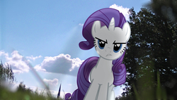 Size: 3840x2160 | Tagged: safe, artist:bastbrushie, artist:mackaged, edit, rarity, pony, unicorn, g4, angle, angry, female, frown, irl, mare, photo, ponies in real life, sky, solo, tree, vector, wallpaper, wallpaper edit