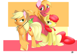 Size: 5700x4000 | Tagged: safe, artist:revalate, apple bloom, applejack, big macintosh, earth pony, pony, g4, hat, male, older, stallion, tongue out