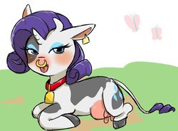 Size: 1280x944 | Tagged: safe, artist:kiriya, rarity, cow, g4, cowbell, ear tag, female, nose ring, raricow, solo, species swap, udder
