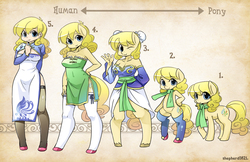 Size: 1600x1035 | Tagged: safe, artist:shepherd0821, oc, oc only, oc:chidey, human, pony, anthro, semi-anthro, unguligrade anthro, alternate hairstyle, anthro chart, belly button, bipedal, boob window, cheongsam, cleavage, clothes, dress, female, hair bun, humanized, side slit, stockings, street fighter, thigh highs