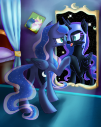 Size: 1195x1500 | Tagged: safe, artist:holka13, nightmare moon, princess luna, g4, duality, fangs, mirror