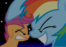 Size: 3467x2491 | Tagged: safe, artist:lightdegel, rainbow dash, scootaloo, pegasus, pony, g4, bust, crying, duo, duo female, female, scootalove, scootasad, sisters, smiling, stars
