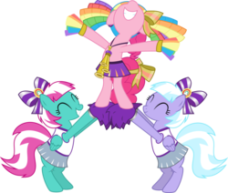 Size: 971x823 | Tagged: safe, artist:jeatz-axl, lilac sky, pinkie pie, spring step, sunlight spring, earth pony, pegasus, pony, g4, rainbow falls, cheerleader, cheerleader pinkie, cheerleading, clothes, pom pom, simple background, skirt, transparent background, vector