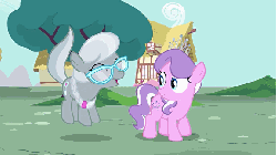 Size: 576x324 | Tagged: safe, screencap, diamond tiara, silver spoon, pony, g4, twilight time, animated, cute, diamondbetes, excited, eyes closed, female, happy, jumping, male, open mouth, pronking, silverbetes, smiling, watching