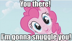 Size: 853x486 | Tagged: safe, pinkie pie, g4, bronybait, female, fourth wall, image macro, imma snuggle you, meme, snuggling, solo