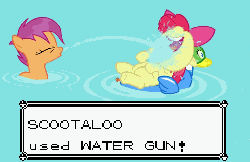 Size: 756x492 | Tagged: safe, edit, edited screencap, screencap, apple bloom, scootaloo, earth pony, pony, g4, twilight time, animated, female, filly, floating, gif, inner tube, parody, pegaduck, pokémon, spitting, squirting, swimming pool, tickling, video game, water