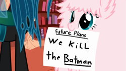 Size: 1019x572 | Tagged: safe, artist:mixermike622, queen chrysalis, oc, oc:fluffle puff, g4, batman, exploitable meme, fluffle puff's plans, meme, we kill the batman