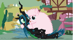Size: 576x324 | Tagged: safe, artist:mixermike622, queen chrysalis, oc, oc:fluffle puff, g4, animated, blushing, rubbing, stroking