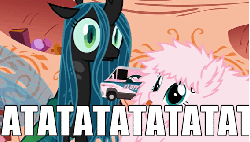 Size: 567x324 | Tagged: safe, artist:mixermike622, queen chrysalis, oc, oc:fluffle puff, g4, animated, hokuto no ken, image macro, let me drive my van into your heart, meme, parody, toy, van, vehicle, vibrating