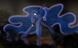 Size: 1113x700 | Tagged: safe, artist:ciscoql, princess luna, alicorn, pony, g4, angry, ears back, female, glare, gritted teeth, raised hoof, raised leg, solo