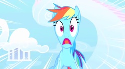 Size: 848x471 | Tagged: safe, screencap, rainbow dash, pegasus, pony, g4, sonic rainboom (episode), cloud, cloudsdale, d:, faic, female, mare, open mouth, panic, scared, screaming, shame, shocked, solo, surprised, tongue out, wide eyes, yelling