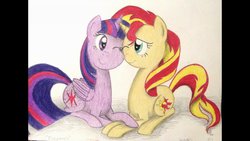 Size: 1191x670 | Tagged: safe, artist:thefriendlyelephant, sunset shimmer, twilight sparkle, alicorn, pony, unicorn, g4, cheek to cheek, female, forgiveness, hoof on hoof, lesbian, mare, one eye closed, ship:sunsetsparkle, shipping, smiling, traditional art, twilight sparkle (alicorn)