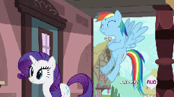 Size: 700x394 | Tagged: safe, artist:dtkraus, edit, edited screencap, screencap, rainbow dash, rarity, pegasus, pony, unicorn, g4, three's a crowd, animated, bone, burp, burping up items, choking, cough, female, flying, frown, glare, hub logo, implied cannibalism, implied vore, mare, open mouth, ponies eating meat, smiling, talking, tongue out, wat, wide eyes