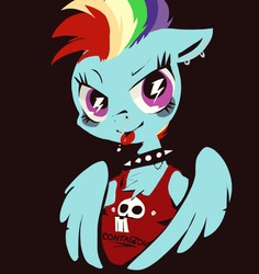 Size: 1208x1280 | Tagged: safe, artist:supernoncutie, rainbow dash, pegasus, pony, g4, alternate hairstyle, black background, bust, chest fluff, choker, clothes, ear piercing, earring, fashion, female, floppy ears, jewelry, looking at you, mohawk, piercing, punk, raspberry, simple background, smiling, solo, spiked choker, tongue out, wingding eyes