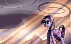 Size: 1920x1200 | Tagged: safe, artist:valcron, twilight sparkle, alicorn, pony, g4, crepuscular rays, female, flowing mane, mare, mountain, solo, twilight sparkle (alicorn), windswept mane