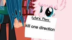 Size: 1019x572 | Tagged: safe, queen chrysalis, oc, oc:fluffle puff, g4, exploitable meme, fluffle puff's plans, meme, one direction