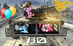 Size: 1680x1050 | Tagged: safe, pinkie pie, rainbow dash, twilight sparkle, g4, balloon, call of duty, call of duty: modern warfare 2, eyes closed, facehoof, grin, gun, helmet, hoof hold, hummer, humvee, machine gun, military, rifle, smiling, soldier, squee, weapon