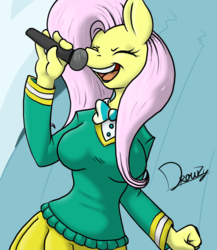 Size: 866x1000 | Tagged: safe, artist:drowzyknack, fluttershy, anthro, g4, clothes, female, ponytones outfit, singing, solo, sweater, sweatershy