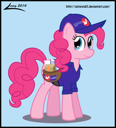 Size: 800x879 | Tagged: dead source, safe, artist:antares67, pinkie pie, g4, pinkie pride, clothes, costume, female, mail, mail carrier, mailbag, mailmare, mailpony, package, solo