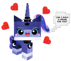 Size: 1001x857 | Tagged: safe, artist:pixelkitties, princess luna, g4, crossover, cute, dialogue, female, lego, simple background, solo, the lego movie, transparent background, unikitty