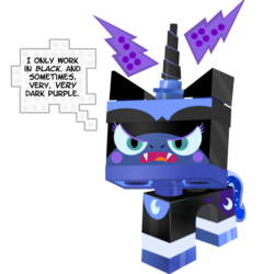 Size: 931x931 | Tagged: safe, artist:pixelkitties, princess luna, g4, batman, crossover, dialogue, female, lego, mare darkness, nightmare unikitty, nightmarified, simple background, solo, the lego movie, transparent background, unikitty