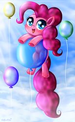 Size: 800x1300 | Tagged: dead source, safe, artist:leffenkitty, pinkie pie, earth pony, pony, g4, balloon, chibi, cloud, crepuscular rays, cute, diapinkes, female, mare, open mouth, open smile, sky, smiling, solo, then watch her balloons lift her up to the sky