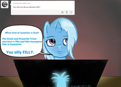 Size: 1280x920 | Tagged: safe, artist:fritzybeat, trixie, pony, unicorn, g4, ask, askfillytrixie, computer, female, mare, solo, tumblr