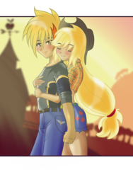 Size: 1536x2048 | Tagged: safe, artist:ruhisu, applejack, oc, oc:brave wing, human, g4, blushing, canon x oc, clothes, couple, daisy dukes, eyes closed, female, hug, hug from behind, humanized, jeans, looking at you, love, male, manga, midriff, shipping, smiling, straight, sweet apple acres