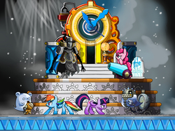 Size: 2000x1500 | Tagged: safe, artist:joycall6, pinkie pie, rainbow dash, twilight sparkle, alicorn, pony, g4, clock tower, crossover, female, maplestory, mare, parody, party cannon, twilight sparkle (alicorn)