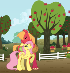 Size: 493x514 | Tagged: safe, artist:1231redflame, big macintosh, fluttershy, earth pony, pony, g4, apple, crying, fence, male, ship:fluttermac, shipping, size difference, stallion, straight, tree