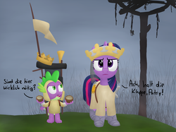 Size: 2788x2084 | Tagged: safe, artist:moemneop, spike, twilight sparkle, g4, armor, clothes, coconut, crown, duo, flag, german, monty python, monty python and the holy grail, parody, patsy