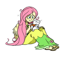 Size: 476x438 | Tagged: safe, artist:xenon, angel bunny, fluttershy, human, g4, clothes, dress, humanized, pony coloring, sandals, winged humanization