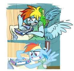 Size: 539x518 | Tagged: safe, artist:xenon, screencap, rainbow dash, human, pegasus, pony, g4, read it and weep, battlecloud, board game, hospital, hospital gown, humanized, pony coloring, scene interpretation, winged humanization
