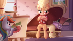 Size: 7394x4159 | Tagged: safe, artist:discorded, applejack, rainbow dash, g4, absurd resolution, alternate hairstyle, angry, applejack is not amused, blushing, clothes, couch, draw me like one of your french girls, drawing, easel, fainting couch, laughing, painting, pencil, rose, scrunchy face, wine