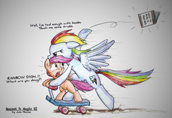 Size: 2602x1790 | Tagged: safe, artist:jcosneverexisted, rainbow dash, scootaloo, pony, g4, annoyed, bipedal, female, floppy ears, glare, instructions, scooter, spread wings, traditional art, wide eyes, windswept mane