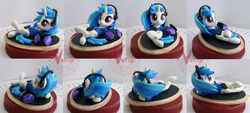 Size: 3282x1490 | Tagged: safe, artist:viistar, dj pon-3, vinyl scratch, pony, g4, clay, clothes, cute, female, figurine, headphones, mare, mp3 player, on back, solo, sweater, turnaround, vinylbetes