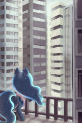 Size: 599x896 | Tagged: safe, artist:mewball, princess luna, g4, balcony, behind, butt, city, clothes, female, plot, shirt, skyscraper, solo